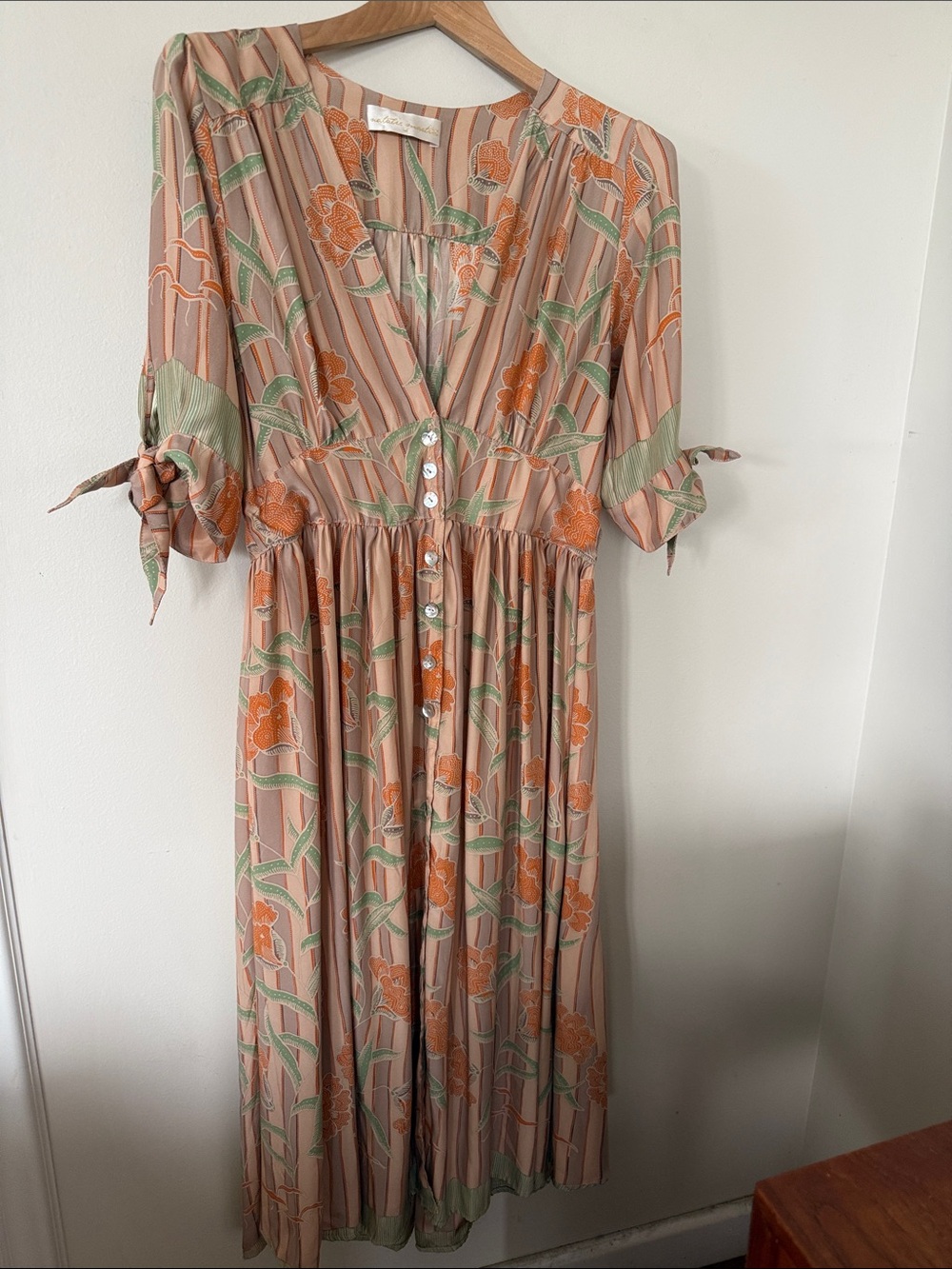Natalie Martin Floral Layla Midi Dress in Peach with Green Accents
